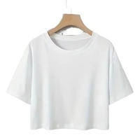 Camiseta Corta Blanca para Mujer, Cuello Redondo, Manga Corta, Ajuste Holgado, Tejido de Algodón, Informal, Primavera Verano, Color Sólido, Transpirable - Product Image 5