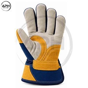ถุงมือช่างสีกรมท่าและสีมัสตาร์ด พร้อมส่วนฝ่ามือสีเทา ตกแต่งด้วยลายริบบนนิ้วมือ และข้อมือแบบปรับได้สำหรับงานช่าง - Product Image 3
