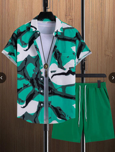 Conjunto de Camisa y Pantalones Cortos para Hombre, Diseño Hawaiano de Verano, Estampado Digital, 100% Fibra de Bambú Ecológica, Tejido de 370g, Logotipo Frontal, Estilo Casual con Palmeras - Product Image 3