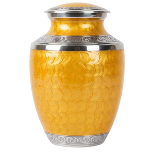 Urna Funeraria de Aluminio para Adultos con Hermosa Banda Grabada, Acabado en Esmalte Plateado y Amarillo, Urnas Metálicas para Cenizas Humanas - Product Image 1