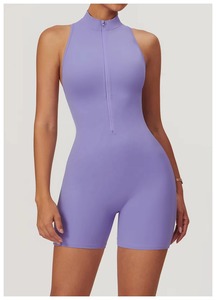 Quarter-<b>Zip</b> Sleeveless High Waist Seamless Yoga Bodysuit Solid Gray Breathable One Piece Activewear Set - Product Image 5