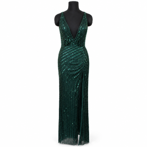 Emerald Sequin Mermaid Evening <b>Dress</b> | Deep V-Neck Sleeveless Floor Length Formal Gown with Ruched Waist and Front Slit Parties - Product Image 1
