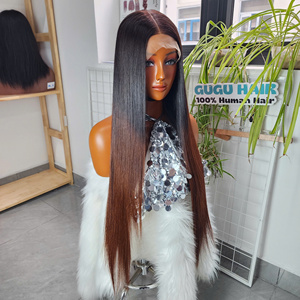 Peluca de cabello femenino liso negro con doble trama y encaje frontal HD sin pegamento, efecto ombré marrón, al por mayor - Product Image 3