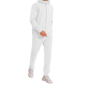 Breathable Regular Fit Autumn Wear <b>Men</b> <b>White</b> Hooded Tracksuit Set Full Zipper Casual <b>Jogger</b> Pants Solid Color 100% Cotton - Product Image 1
