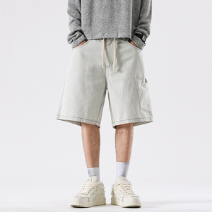 Men's Solid Color Cargo Shorts Mid Waist Drawstring Canvas Casual Shorts With Pockets Breathable Woven Fabric - Product Image 1