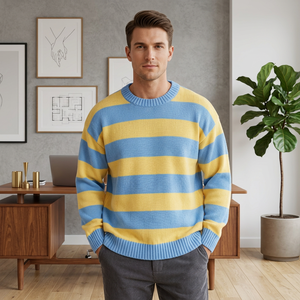 Pull en tricot rayé bleu et jaune pour homme, confortable, manches régulières, vêtement décontracté d'automne, 100% acrylique, 280g, poignets côtelés - Product Image 5