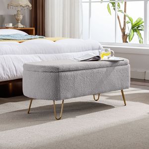 Panca Moderna Grigia in Finta Pelliccia con Gambe Dorate, Pouf Contenitore per Fondo Letto, Sgabello Imbottito ed Elegante - Product Image 2