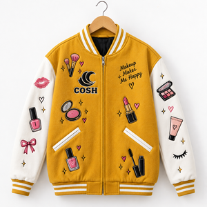 Veste universitaire jaune personnalisée de qualité supérieure pour femmes, avec broderies et patchs, et manches blanches style Letterman. - Product Image 1