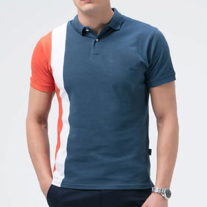 เสื้อโปโลผู้ชายแขนสั้นถักลายทางสีน้ำเงินส้มขาว ดีไซน์ลำลองทรงปกติ - Product Image 1