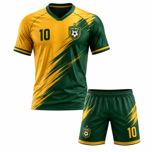Ensemble de maillots de football personnalisés par sublimation, maillot d'équipe pour hommes, short, col en V, poches latérales en mesh, vert or, vêtements de sport à séchage rapide - Product Image 1