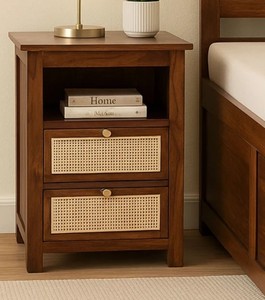 Modern Wood Nightstand With Rattan Weave Drawers 2 Drawer Bedroom Furniture Midcentury Design <b>Storage</b> <b>Side</b> <b>Table</b> - Product Image 1