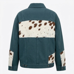 Veste pour homme en denim délavé bleu sarcelle avec patchwork en cuir de vache véritable, col et fermeture éclair, service personnalisé ODM OEM - Product Image 2