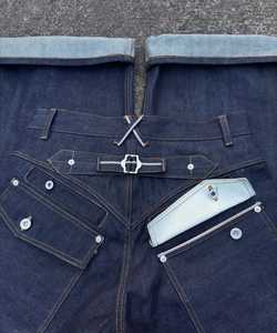 Jean vintage en denim indigo brut, coupe ample, jambe large droite, taille haute, délavage clair, pour homme, automne hiver été - Product Image 5