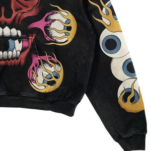 Sudadera con Capucha Gráfica Personalizada OEM para Hombre, Estilo Vintage Lavado, Estampado de Calavera Flameante, Top de Streetwear, Sudadera con Capucha Gráfica para Hombre - Product Image 3