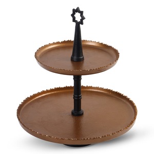 Exquisite Two Tier Golden <b>Cake</b> <b>Stand</b> With Textured Trays And A Sleek Black Central <b>Stand</b> Finished With A Star Top For Serving - Product Image 2