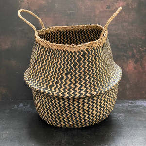 Foldable Natural Seagrass <b>Belly</b> <b>Basket</b> with Handles – Multifunctional Boho Vintage Storage Tote for Home Decor - Product Image 3