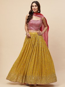 <b>Sequin</b> Embroidered Lehenga Set Pink <b>Crop</b> <b>Top</b> Pleated Maxi Skirt Wedding Festival Dress - Product Image 3