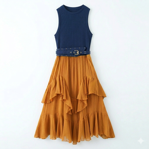 Vestido Midi Vintage de Mujer KAR&OT con Cintura Imperio, Tejido en Capas, con Cinturón y Detalles Decorativos, Primavera/Verano 2026, Nueva Llegada 5029110 - Product Image 5