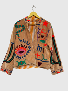 Veste en velours brodée à la main, manches longues, col montant, style ample, pour l'automne, taille adulte, grande taille, longueur normale, doublure en polyester - Product Image 4