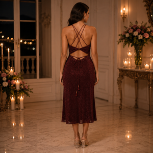Burgundy <b>Sequin</b> Cocktail Dress Women Deep V Neck Cut Out Tie Waist Sleeveless Midi Party Evening Prom Wedding Guest Sparkling - Product Image 2