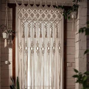 Rideau de porte rectangulaire en macramé beige en coton, fait main, décoration murale bohème pour salon intérieur - Product Image 1