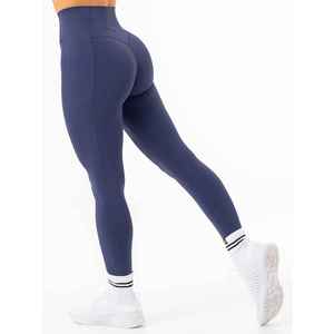 Leggings de sport pour femme, taille haute, longueur intégrale, bleu marine uni, sans couture, tricotés, extensibles et respirants - Product Image 6