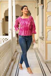 Haut pour femme en coton violet imprimé tie-dye, coupe classique, avec manches bouffantes à trois couches et col carré, style décontracté mondial - Product Image 4