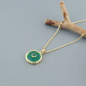Delicate green <b>onyx</b> round gemstone stackable pendant <b>necklace</b> mini CZ inlay 18k gold plated adjustable chain jewelry for gifts - Product Image 4