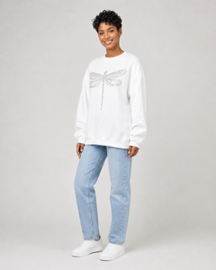 Sudadera Blanca Extra Grande con Cuello Redondo y Estampado de Libélula con Lentejuelas, Sudadera de Algodón Tejido de Manga Larga para Mujer, Ropa Urbana de Primavera - Product Image 5