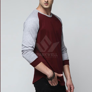Men's <b>Raglan</b> Long <b>Sleeve</b> <b>T</b>-<b>Shirt</b> Maroon Gray Contrast O-Neck Casual Jersey Cotton Printed Back Logo Regular Fit - Product Image 3