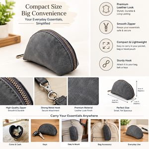 Bolsa Triangular de Cuero Genuino con Cierre, Organizador Compacto y Pequeño para Monedas, Llaves y Accesorios de Viaje, Gris y Marrón, Ligero - Product Image 3