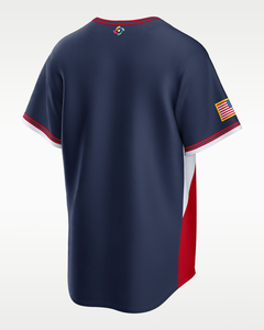 Custom Men's Baseball Jersey <b>Navy</b> Red White Color Blocked Crew Neck Short Sleeve Embroidery Flag Patch Moisture Wicking - Product Image 2