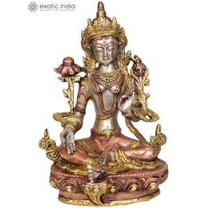 Escultura de Tara verde de diosa budista tibetana hecha a mano de 8 pulgadas en latón para regalar hecha en la India - Product Image 3