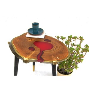 Handcrafted Olive Wood <b>Side</b> <b>Table</b> with Red Resin & Gold Accents - Wholesale - Product Image 1