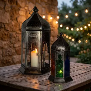 Hexagon <b>Metal</b> <b>Lantern</b> With Glass Panels Durable Outdoor Candle Holder Home Decoration - Product Image 4