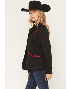Black Western Blazer Women Red Sequin Scroll Embroidered <b>Suede</b> <b>Jacket</b> Notch Lapel Button Front Cowgirl Rodeo Coat Bulk - Product Image 2