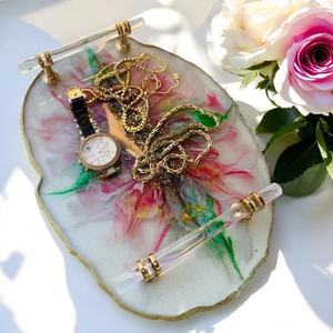 ชุดถาดเสิร์ฟเรซิ่นลายดอกไม้พร้อมจานรองแก้ว ถาดแต่งหน้าขอบสีทอง - Product Image 4