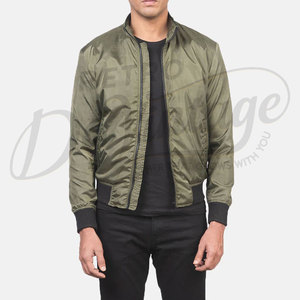Custom Men Olive Green Bomber <b>Jacket</b> Lightweight Windproof Flight Varsity <b>Jacket</b> with Contrast Black Ribbed Cuffs and Hem - Product Image 1