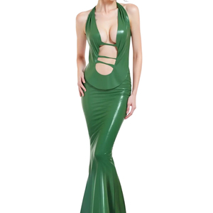 Green PU Halter Floor-Length <b>Dress</b> With Cut-Outs Mermaid Silhouette Fitted Sexy Party Wear Sleeveless Solid Color - Product Image 6