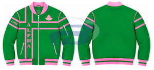 Alfa |   Kapa |   Chaqueta Varsity para Mujer Alpha, Verde y Rosa, con Letras Griegas Bordadas, Cierre Frontal, Estilo Preppy, Cuello y Puños con Cierre - Product Image 3