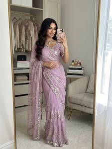 Designer Soft <b>Net</b> Saree With Cut Dana Multi Sequence & Thread Embroidery In Allover Saree Paired With Cut Dana Beads Work Blouse - Product Image 2