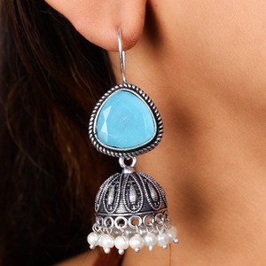 Verified Manufacturer Oxidized Silver Statement <b>Red</b> Blue Stone <b>Earrings</b> | Ethnic Women Jhumka Gift for Her - Product Image 3