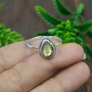 แหวนลาบราดอไรต์ทรงลูกแพร์ธรรมชาติ เงินแท้ 925 แหวนล้อมเพชรเม็ดเล็ก งานแฮนด์เมด พลอยแท้ เรียบง่าย เครื่องประดับผู้หญิง ของขวัญคริสต์มาส - Product Image 6