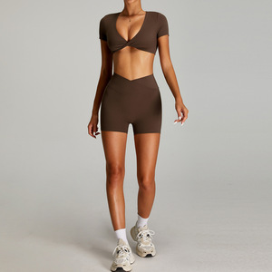 Brown Seamless Yoga Set Crop Top High Waist Flared Pants 2 Piece Spandex Polyester Breathable Scoop Neck Spaghetti Strap - Product Image 5