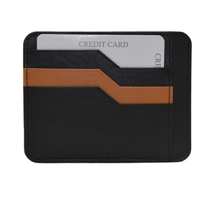 Porte-cartes minimaliste fin en cuir véritable noir avec bande marron, étui pour cartes de crédit, portefeuille de poche avant - Product Image 2