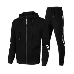 Custom Mens Athletic Two Stripe Red Full <b>Zip</b> <b>Hooded</b> Tracksuit Wholesale 2 Piece Fleece Sweatsuit Jogger Set - Product Image 1