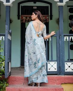 Sari Indio Premium Exclusivo de Lino y Algodón con Estampado Digital, Sari de Diseño Estilo Bollywood, Elegante Prenda Nupcial para Bodas - Product Image 4
