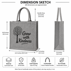 Grow With Kindness Tree Print Jute Shopping <b>Bag</b> <b>Medium</b> <b>Size</b> Zipper Closure Hand Length Handle Gray - Product Image 2