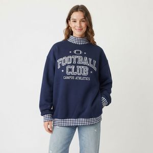 <b>Women's</b> Oversized <b>Navy</b> Football Club Sweatshirt Turtleneck Checkered Trim Cotton Knitted Autumn Wear - Product Image 1