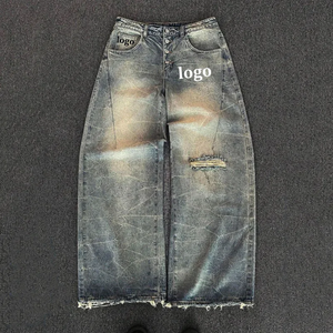 <b>High</b> <b>Waist</b> Distressed Ripped Denim Straight Leg Floor-length Fit <b>Jeans</b> <b>Men</b> Casual Loose Fit Stonewashed Cotton Autumn Style - Product Image 1